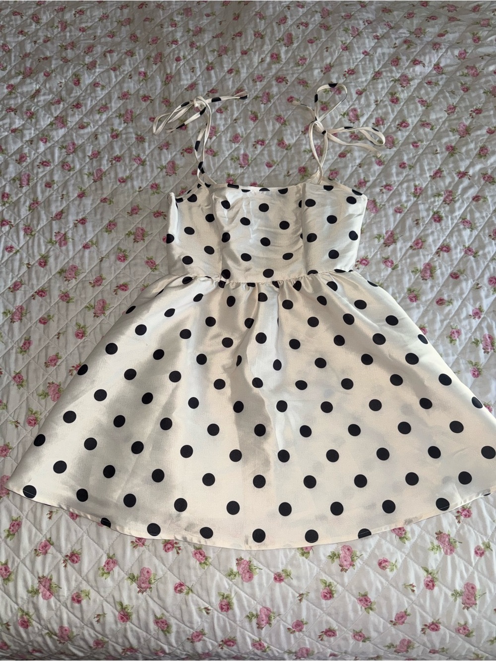 Cider White Dress with Black Polka Dots and Tie Shoulders